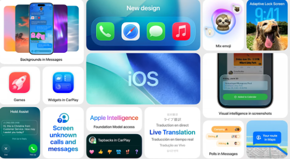 "Apple new iOS 26 interface with redesigned features" "iPhone running Apple iOS 26 update" "Apple iOS 26 new widgets and control center" "Latest iOS 26 update for iPhone and iPad" "Apple iOS 26 features and performance improvements"