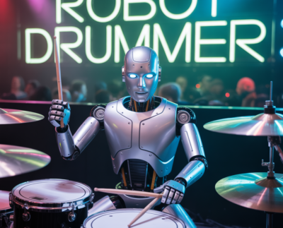Futuristic robot drummer performing live on stage with LED lights AI-powered robotic drummer playing drums in a music concert Close-up of mechanical hands drumming on an electronic drum kit Advanced humanoid robot drummer showcasing precision drumming skills Robot drummer performing alongside human musicians in a band