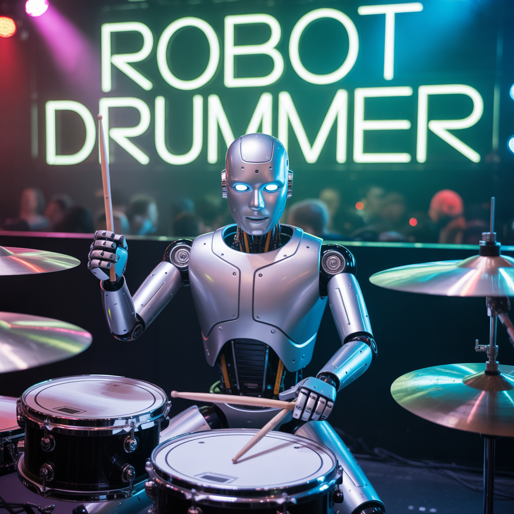 Futuristic robot drummer performing live on stage with LED lights AI-powered robotic drummer playing drums in a music concert Close-up of mechanical hands drumming on an electronic drum kit Advanced humanoid robot drummer showcasing precision drumming skills Robot drummer performing alongside human musicians in a band