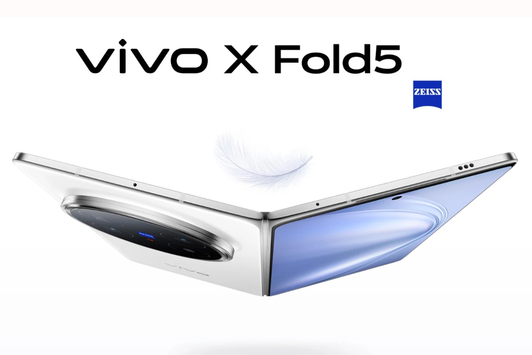 Vivo X Fold5 unfolded showing large display Vivo X Fold5 folded view with outer screen active Vivo X Fold5 side profile highlighting hinge design Vivo X Fold5 in hand with multitasking display Vivo X Fold5 back view showing camera module Vivo X Fold5 flat lay with accessories and box Vivo X Fold5 in different color options Vivo X Fold5 hinge close-up detail