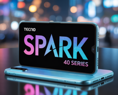 Tecno Spark 40 smartphone front and back view in high resolution Tecno Spark 40 display with vibrant colors and slim design Tecno Spark 40 camera close-up showing triple-lens setup Tecno Spark 40 in hand showcasing modern design and large screen Tecno Spark 40 with gradient color finish on the back panel