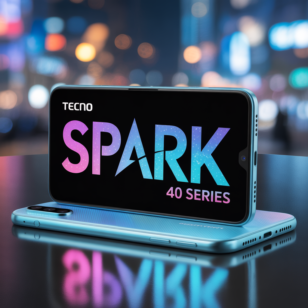 Tecno Spark 40 smartphone front and back view in high resolution Tecno Spark 40 display with vibrant colors and slim design Tecno Spark 40 camera close-up showing triple-lens setup Tecno Spark 40 in hand showcasing modern design and large screen Tecno Spark 40 with gradient color finish on the back panel