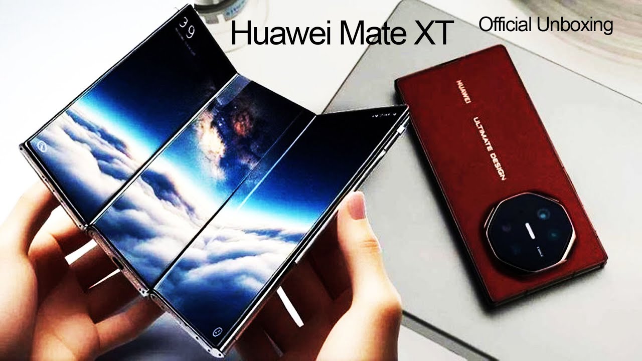 Huawei Mate XT Trifold smartphone folded and unfolded Huawei Mate XT Trifold showcasing triple screen design Huawei Mate XT Trifold luxury foldable phone side view Huawei Mate XT Trifold multitasking with three displays Huawei Mate XT Trifold close-up of hinge and display
