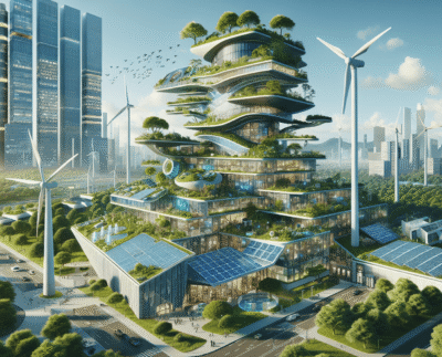 Modern green building with solar panels and sustainable architecture design Energy-efficient smart home using renewable energy and eco-friendly materials Rooftop garden and green walls improving building insulation and air quality Engineers installing solar panels for energy-efficient building technology Smart glass windows adjusting to sunlight for sustainable building design