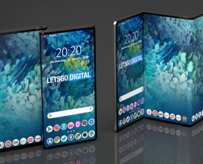 Close-up view of Samsung’s tri-fold OLED screen in unfolded tablet mode.