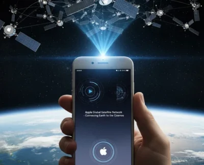 Concept image of an iPhone connecting to satellites in space for global internet access. Apple’s new satellite network provides iPhone users with high-speed internet access anywhere in the world. Leaked blueprints of Apple’s satellite-powered internet system for future iPhones.