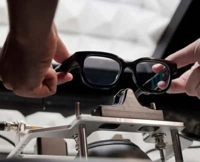 Researcher testing AR headset under lab lighting, representing development challenges in wearable technology. Prototype AR smart glasses combining Magic Leap’s optics with Google’s microLED light engine.