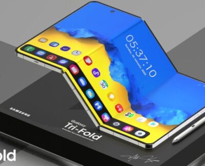 Samsung’s upcoming tri-fold smartphone partially unfolded, showing its flexible three-panel display design and futuristic interface.