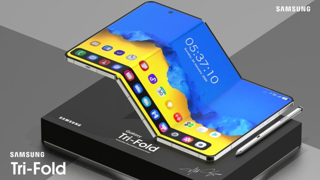Samsung’s upcoming tri-fold smartphone partially unfolded, showing its flexible three-panel display design and futuristic interface.