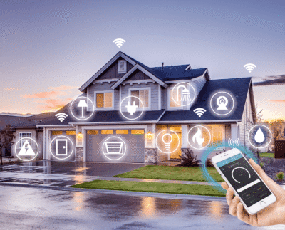 Smart home living room with connected devices and voice assistant in 2025 Artificial intelligence controlling smart home appliances automatically Homeowner using smartphone app to manage lighting and security systems Voice assistant device managing daily tasks in a modern smart home Eco-friendly smart home powered by solar panels and energy-efficient devices AI-powered home security camera detecting motion and alerting user Futuristic connected home setup with IoT technology and automation Smart thermostat and energy monitoring system in sustainable home