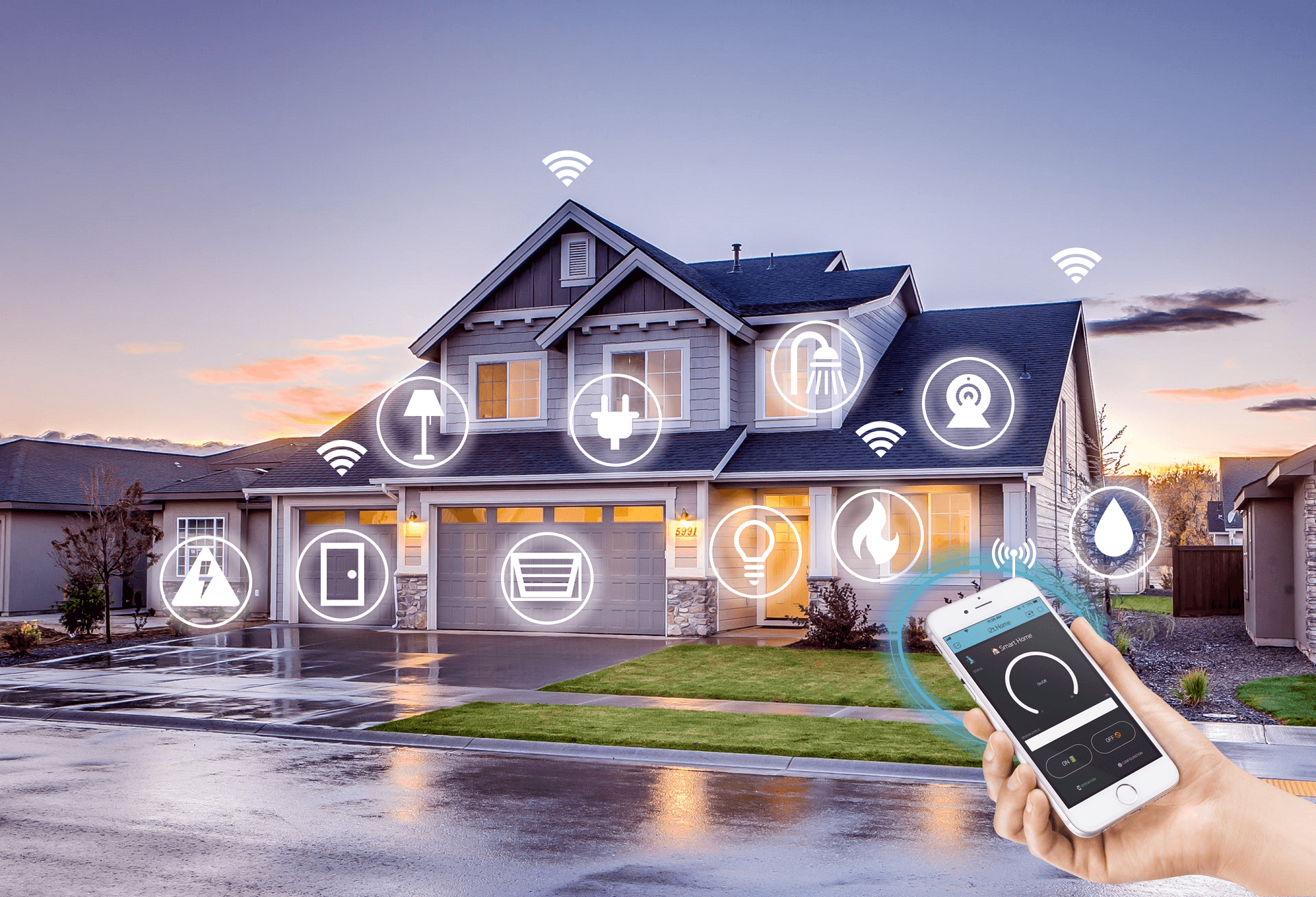 Smart home living room with connected devices and voice assistant in 2025 Artificial intelligence controlling smart home appliances automatically Homeowner using smartphone app to manage lighting and security systems Voice assistant device managing daily tasks in a modern smart home Eco-friendly smart home powered by solar panels and energy-efficient devices AI-powered home security camera detecting motion and alerting user Futuristic connected home setup with IoT technology and automation Smart thermostat and energy monitoring system in sustainable home