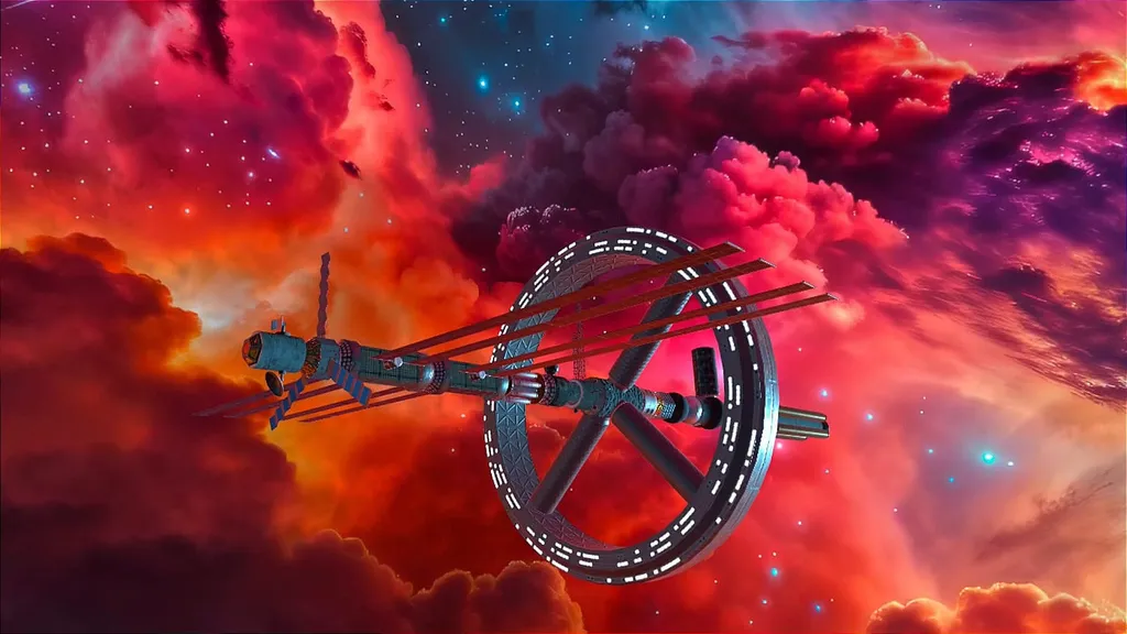 Solara One VR interface showing a user composing music in a zero-gravity space environment. Floating user interacting with celestial instruments while creating melodies in virtual space. Immersive cosmic soundscape with nebulae and stars reacting to musical notes in Solara One. VR musician using intuitive controls to mix and play music among the stars. Spatial audio visualization in Solara One enhancing the music creation experience. Community sharing feature in Solara One allowing users to showcase music in space. User exploring different musical styles in the virtual Solara One space station. Accessible and inclusive VR music tools for users with varying abilities in Solara One. Futuristic cosmic environment in Solara One with interactive musical elements.