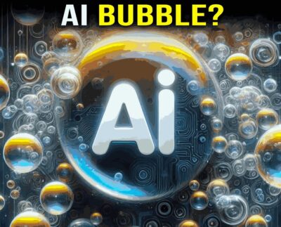 Illustration showing the concept of an AI bubble with rising tech valuations. Graph depicting rapid investment growth in AI startups and companies. AI-powered robots and applications representing technological hype. Investor analyzing AI market trends and potential risks of a bubble. Comparison of AI startup valuations versus actual revenue performance. Historical tech bubble examples highlighting lessons for AI investors. Futuristic AI innovation symbolizing sustainable growth beyond hype.