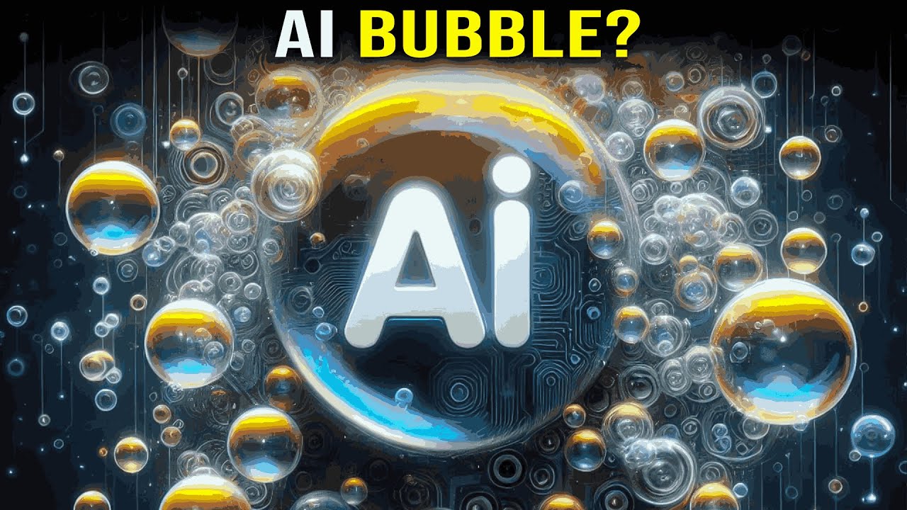 Illustration showing the concept of an AI bubble with rising tech valuations. Graph depicting rapid investment growth in AI startups and companies. AI-powered robots and applications representing technological hype. Investor analyzing AI market trends and potential risks of a bubble. Comparison of AI startup valuations versus actual revenue performance. Historical tech bubble examples highlighting lessons for AI investors. Futuristic AI innovation symbolizing sustainable growth beyond hype.