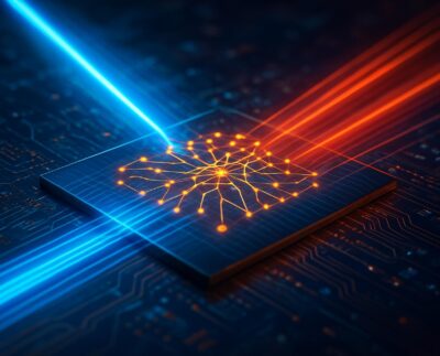 "Photonic processor demonstrating AI computing at the speed of light." "Close-up of optical circuits used in next-generation light-based AI systems." "AI model running on photonic hardware for ultra-fast computation." "Visualization of data processing with light in modern AI technology." "Researcher working on photonic computing components for faster AI." "Comparison of traditional electronic chips and advanced photonic processors." "High-speed AI workstation powered by optical computing technology."