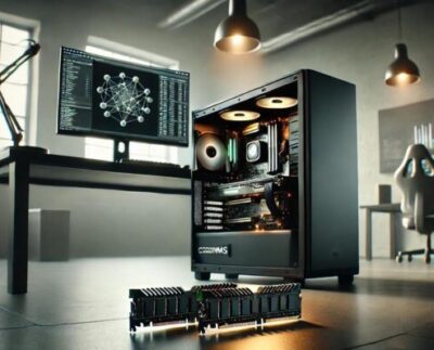 "New 128GB DDR5 CUDIMM module designed for high-performance desktop workstations." "Close-up of 128GB DDR5 memory module showcasing next-gen PC capabilities." "Desktop PC upgraded with DDR5 CUDIMMs to achieve 256GB total system memory." "AI workstation setup using high-capacity DDR5 RAM modules." "Technician installing a 128GB DDR5 CUDIMM into a desktop motherboard." "Side-by-side comparison of traditional DIMMs and new DDR5 CUDIMMs." "High-end PC running AI workloads powered by 256GB DDR5 memory."