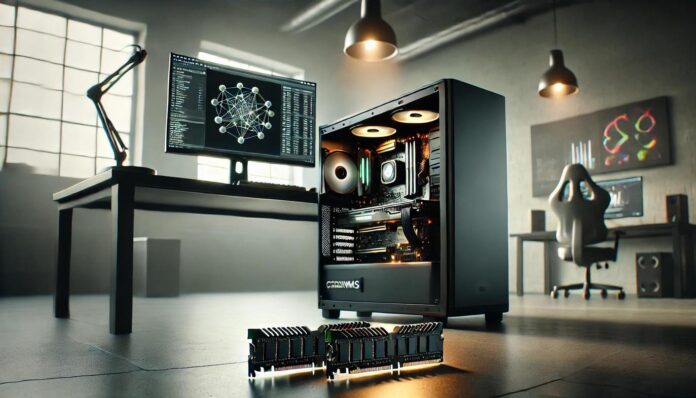 "New 128GB DDR5 CUDIMM module designed for high-performance desktop workstations." "Close-up of 128GB DDR5 memory module showcasing next-gen PC capabilities." "Desktop PC upgraded with DDR5 CUDIMMs to achieve 256GB total system memory." "AI workstation setup using high-capacity DDR5 RAM modules." "Technician installing a 128GB DDR5 CUDIMM into a desktop motherboard." "Side-by-side comparison of traditional DIMMs and new DDR5 CUDIMMs." "High-end PC running AI workloads powered by 256GB DDR5 memory."