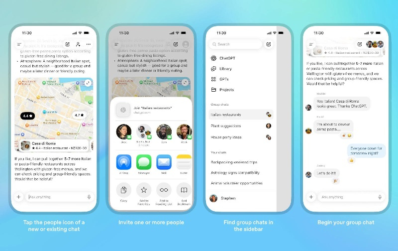 ChatGPT launches pilot group chat feature in Japan, New Zealand, South Korea, and Taiwan. Users collaborating with ChatGPT in a shared group conversation. AI-powered group chat interface showing ChatGPT assisting multiple participants. Digital teamwork enhanced by ChatGPT's new group chat feature. ChatGPT facilitating communication and collaboration across Asia-Pacific regions. People using ChatGPT group chats for productivity and brainstorming tasks.