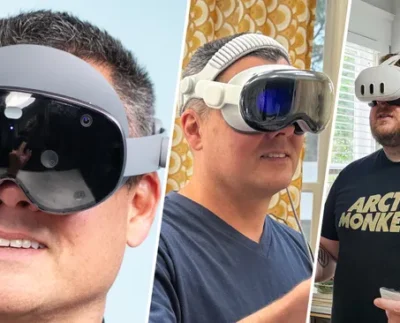 Samsung Galaxy XR, Apple Vision Pro, and Meta Quest 3 headsets side by side for comparison. Samsung Galaxy XR headset showcasing high-resolution dual Micro-OLED displays.