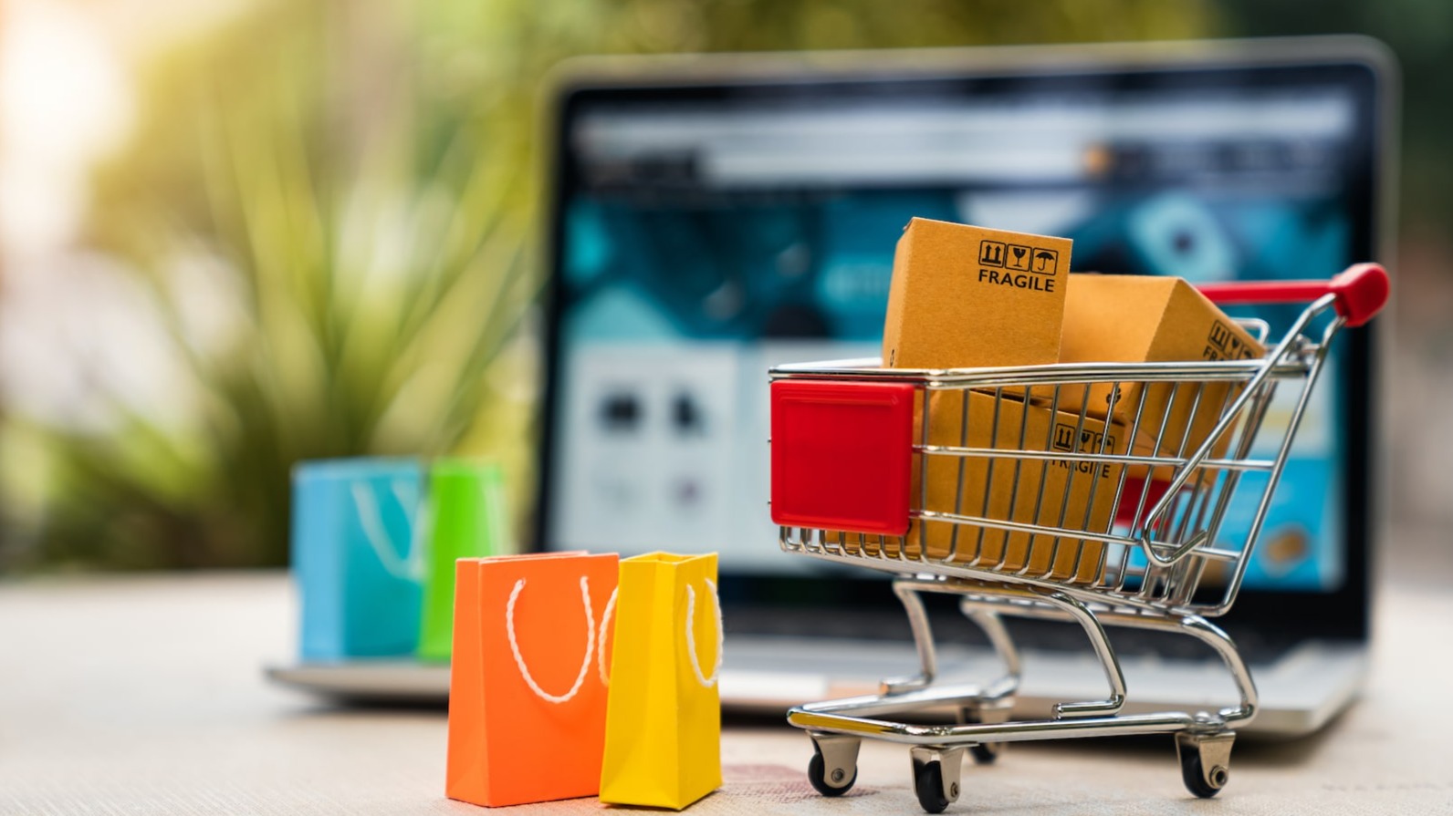 AI-powered online shopping interface showing personalized recommendations. Major online marketplace competing with direct-to-consumer brand websites. Delivery driver preparing same-day shipping packages. Secure online checkout page with encrypted payment options. Shopper browsing products through social media shopping features. Customer using augmented reality to preview products at home. Modern e-commerce warehouse with automated technology.