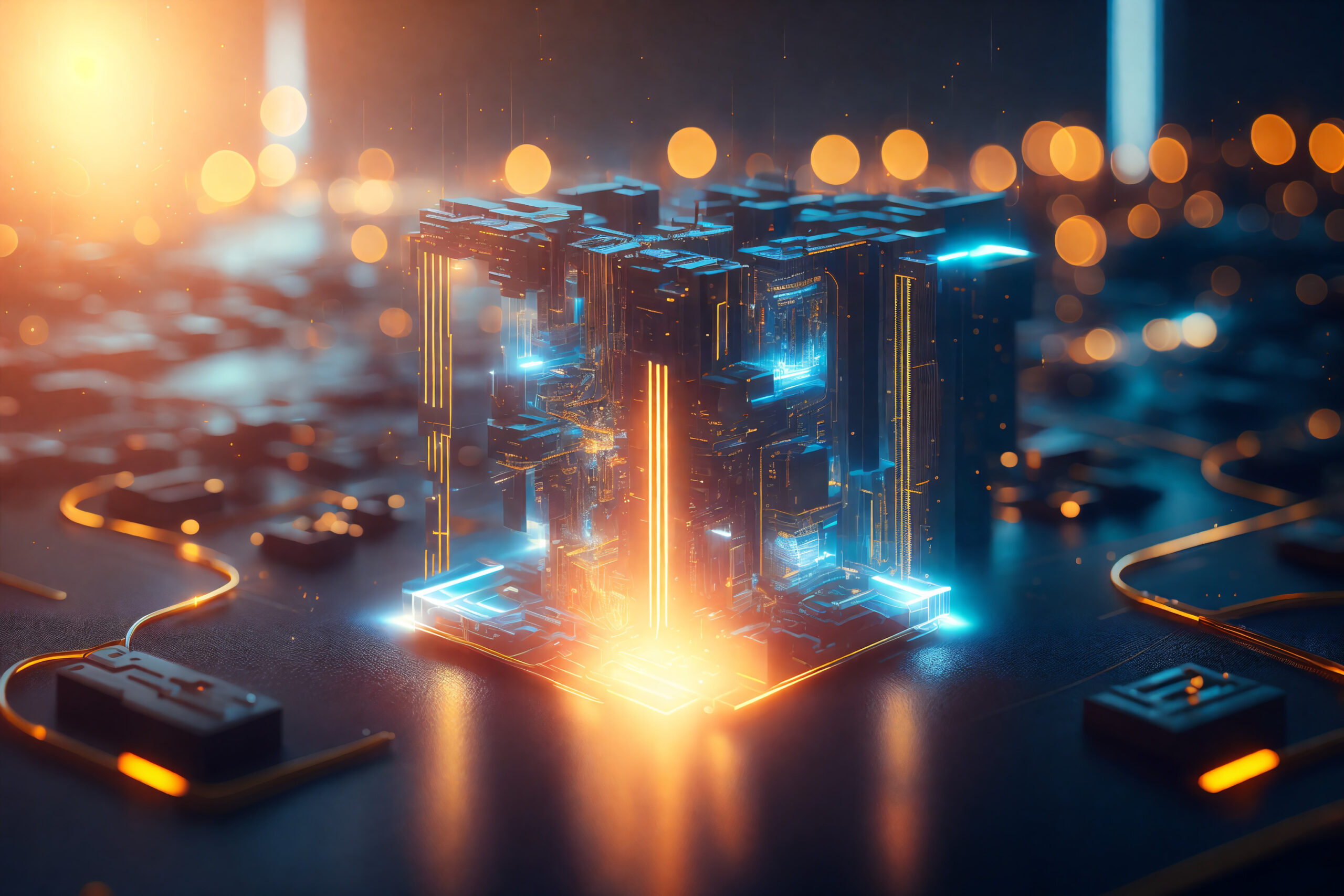 "Quantum computer solving real-world problems beyond theoretical research." "Close-up of quantum processor qubits in a high-tech lab environment." "Simulation of molecular interactions using quantum computing for drug discovery." "Financial analysts using quantum computing for portfolio optimization." "Supply chain and logistics optimization powered by quantum algorithms." "Hybrid classical and quantum computing system in a research facility." "Future quantum computers tackling complex problems at unprecedented speeds."