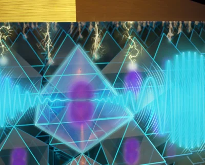 Stanford scientists examine strontium titanate crystal with advanced microscopy. Close-up image of the extraordinary crystal discovered at Stanford University. Quantum researcher testing optical properties of strontium titanate at cryogenic temperatures. Diagram showing how the crystal manipulates light and mechanics in quantum devices. Stanford laboratory setup for cryogenic quantum photonics experiments. Visualization of quantum circuits powered by Stanford’s new crystal technology. Strontium titanate wafer under laser light illustrating its electro-optic performance.