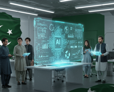Pakistan launching a local data centre to boost artificial intelligence growth. AI technology infrastructure expanding in Pakistan with new data centre. Pakistani businesses adopting AI tools supported by local data hosting. Local data centre improving AI speed and performance in Pakistan. Tech professionals working on AI development with local computing power. AI-driven industries growing in Pakistan due to improved data security. Modern data centre servers enabling Pakistan’s digital transformation.