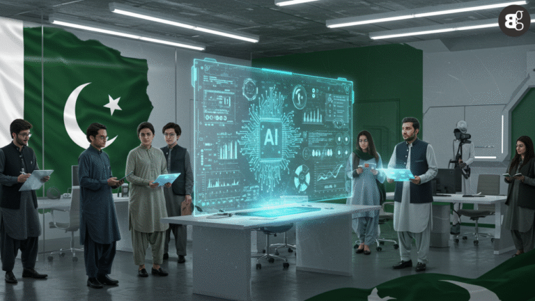 Pakistan launching a local data centre to boost artificial intelligence growth. AI technology infrastructure expanding in Pakistan with new data centre. Pakistani businesses adopting AI tools supported by local data hosting. Local data centre improving AI speed and performance in Pakistan. Tech professionals working on AI development with local computing power. AI-driven industries growing in Pakistan due to improved data security. Modern data centre servers enabling Pakistan’s digital transformation.